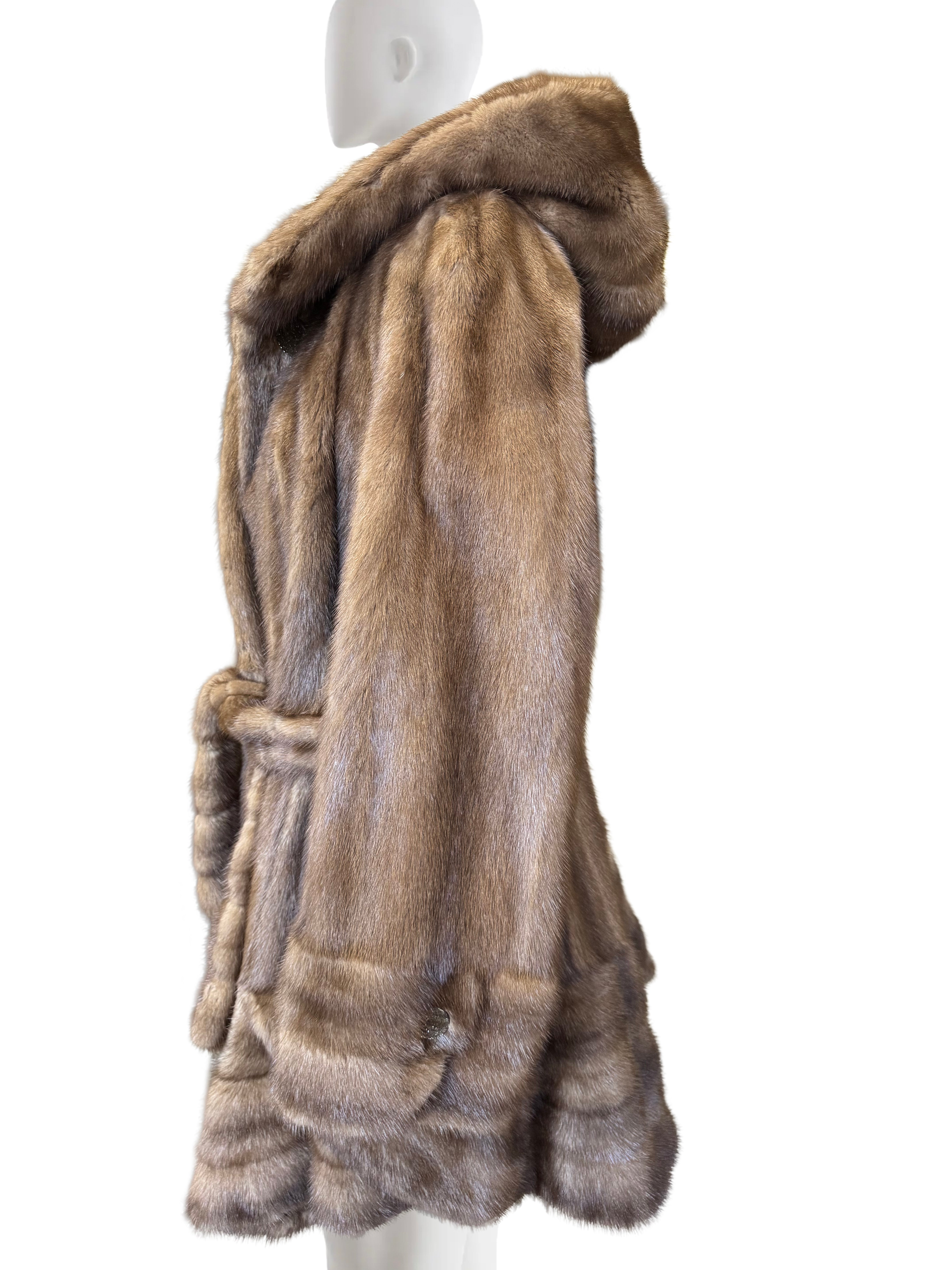 NATURAL DEMI BUFF MINK 7/8 SWING DIRECTIONAL COAT W/ HOOD & TIE BELT