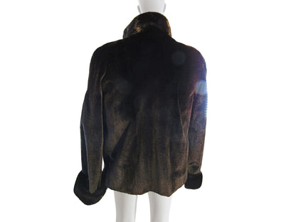 BLACK DYED SHEARED & GROOVED MINK JACKET REVERSIBLE TO TAFFETA W/ LONG HAIR MINK TRIM