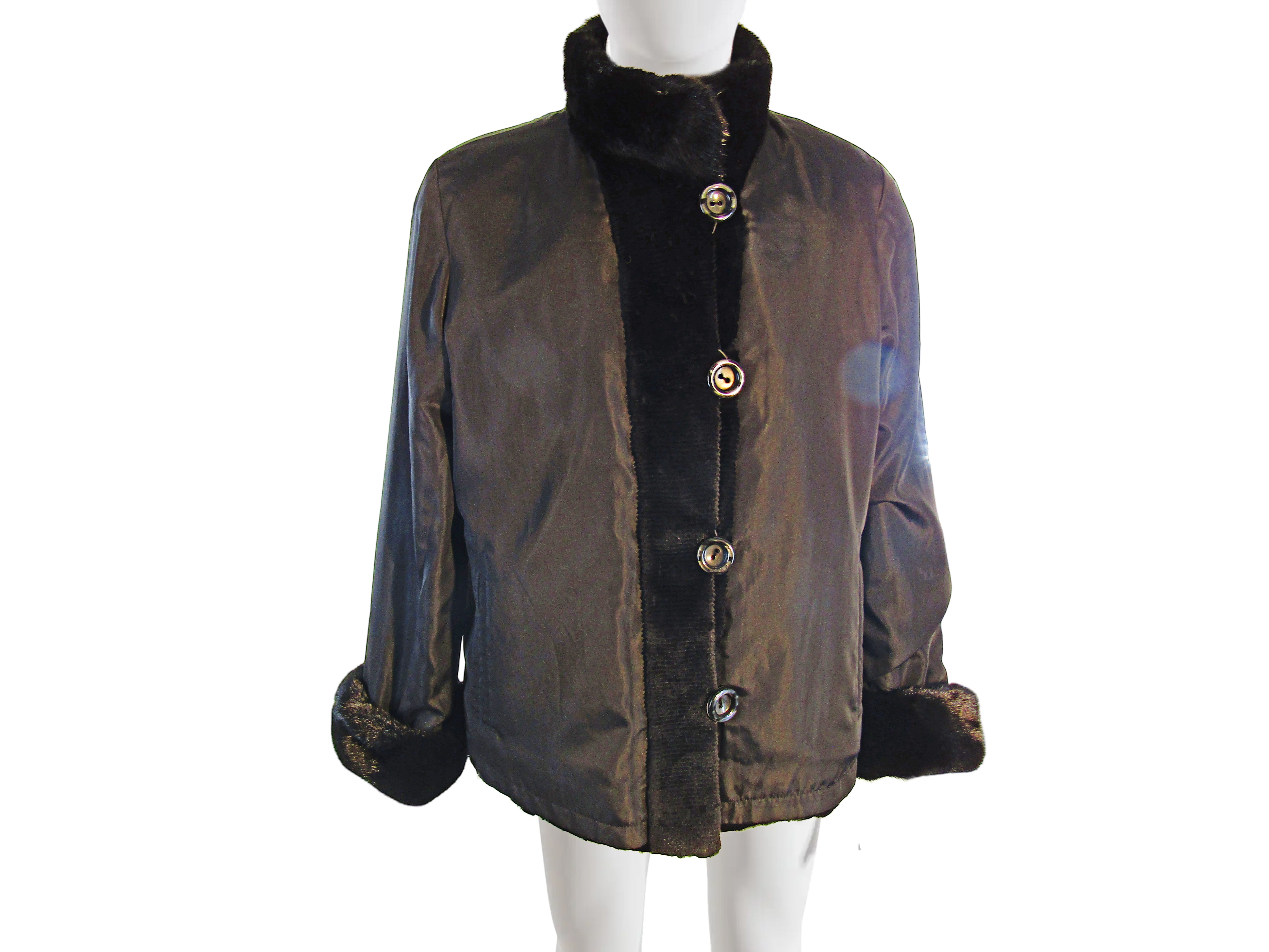 BLACK DYED SHEARED & GROOVED MINK JACKET REVERSIBLE TO TAFFETA W/ LONG HAIR MINK TRIM