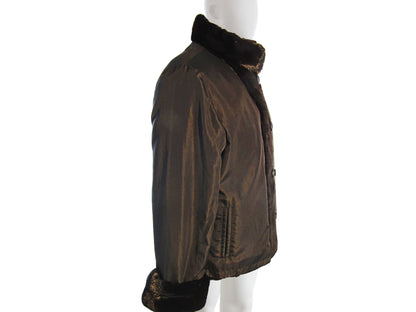 BLACK DYED SHEARED & GROOVED MINK JACKET REVERSIBLE TO TAFFETA W/ LONG HAIR MINK TRIM