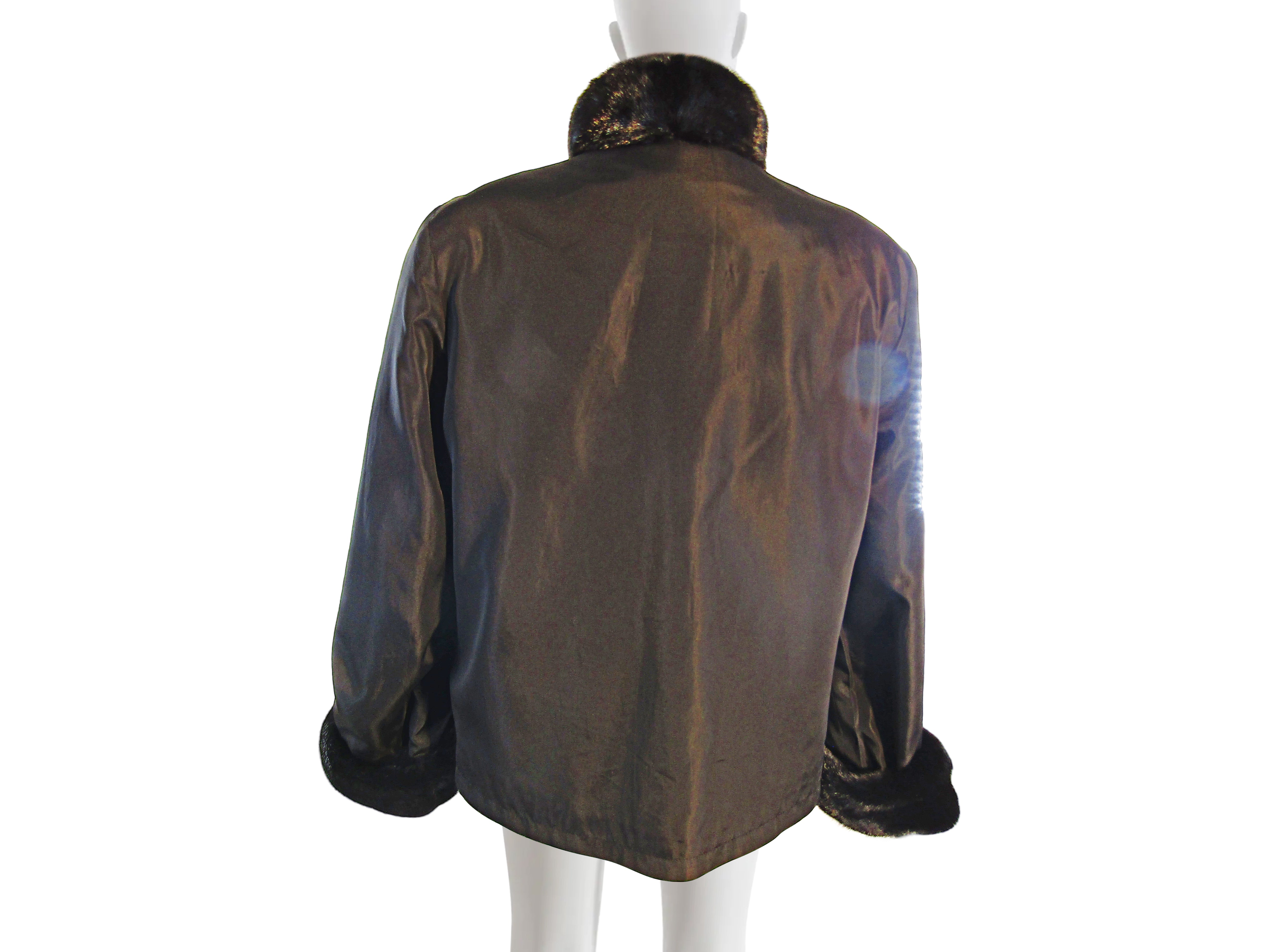 BLACK DYED SHEARED & GROOVED MINK JACKET REVERSIBLE TO TAFFETA W/ LONG HAIR MINK TRIM