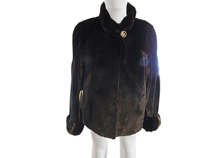 BLACK DYED SHEARED & GROOVED MINK JACKET REVERSIBLE TO TAFFETA W/ LONG HAIR MINK TRIM