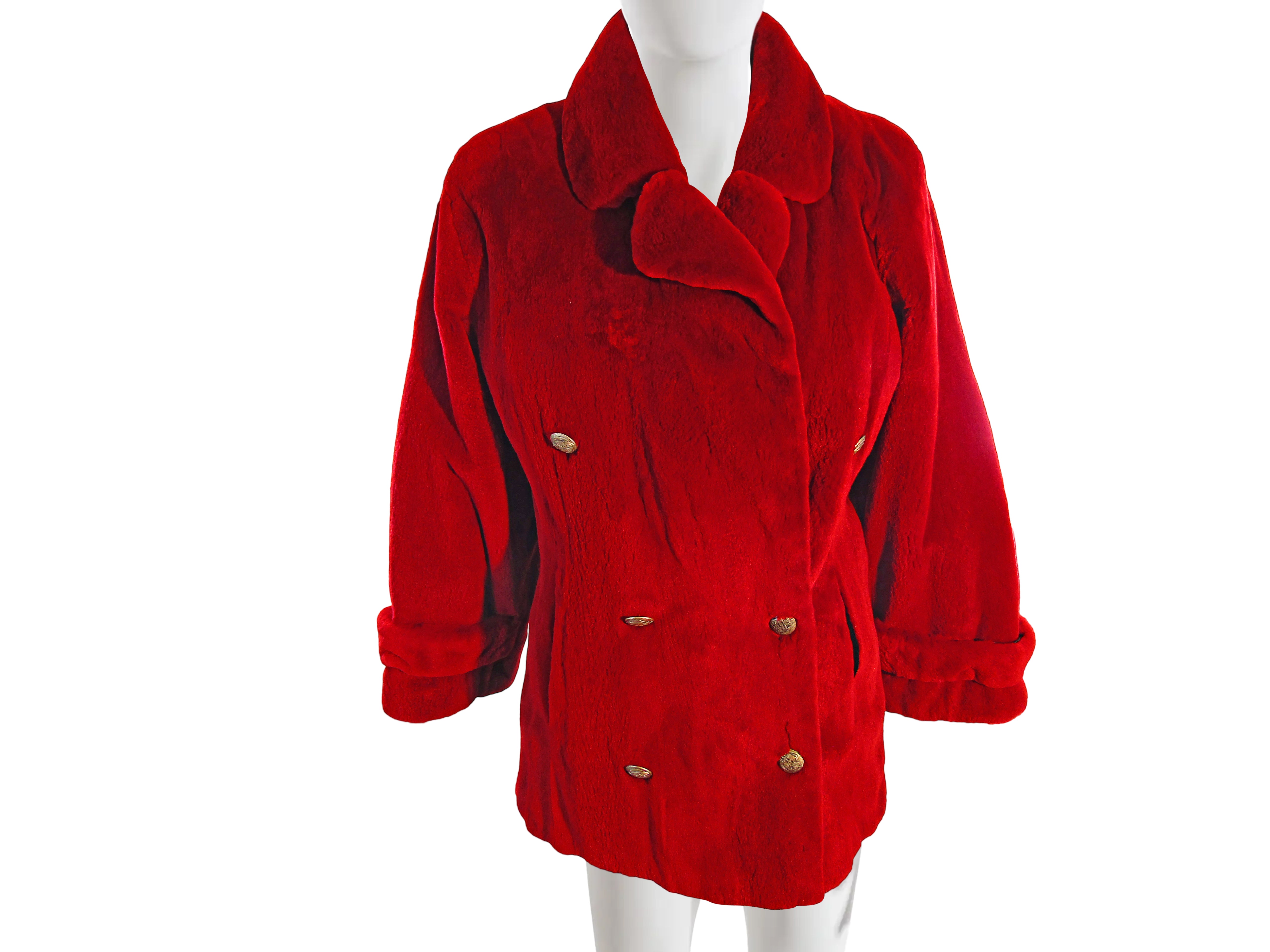 RED SHEARED MINK DOUBLE BREASTED JACKET W/ NOTCH COLLAR