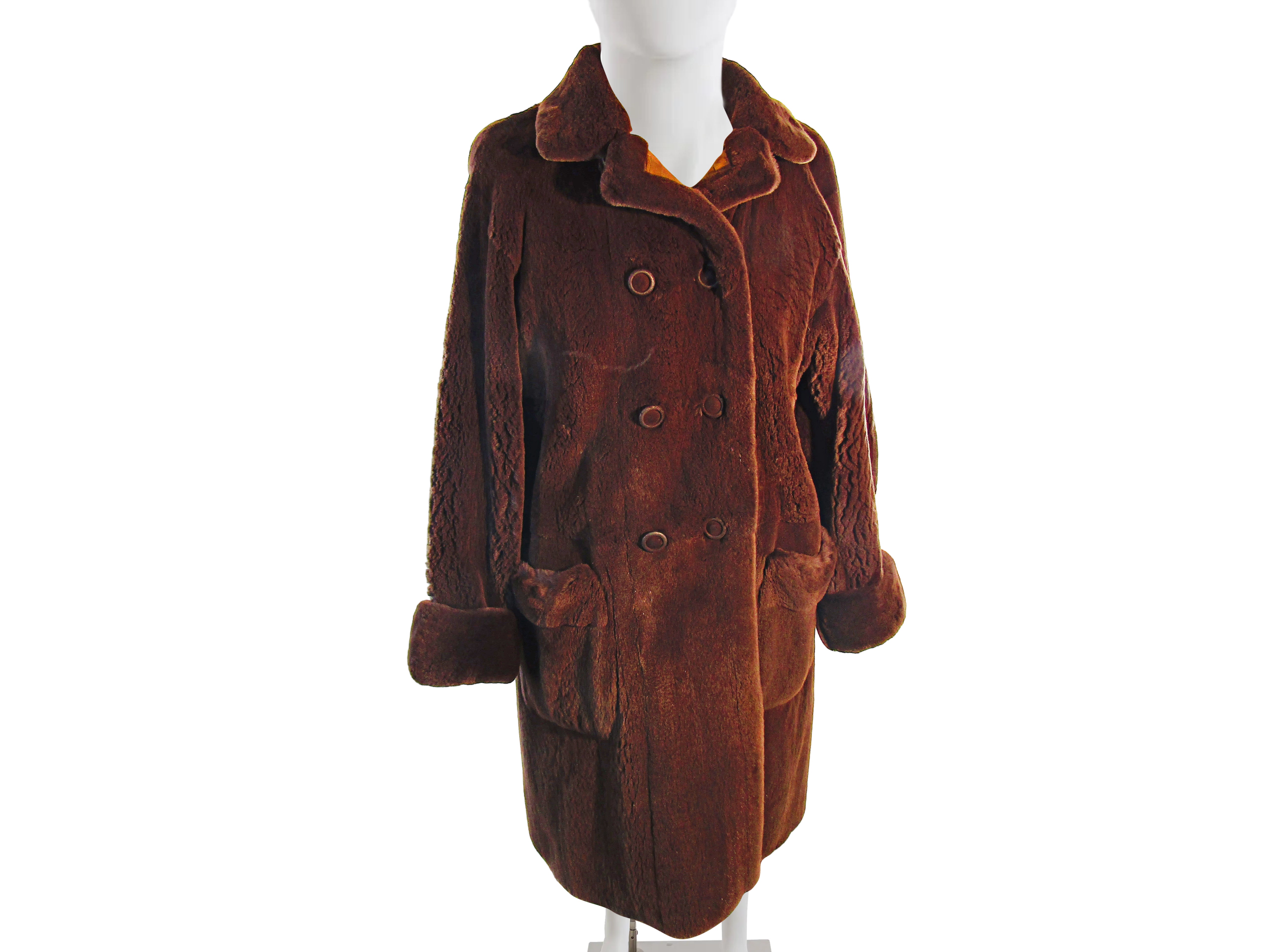 BROWN DYED PLUCKED MINK REVERSIBLE TO TAFFETA 3/4 COAT W/ LONG HAIR MINK TRIM