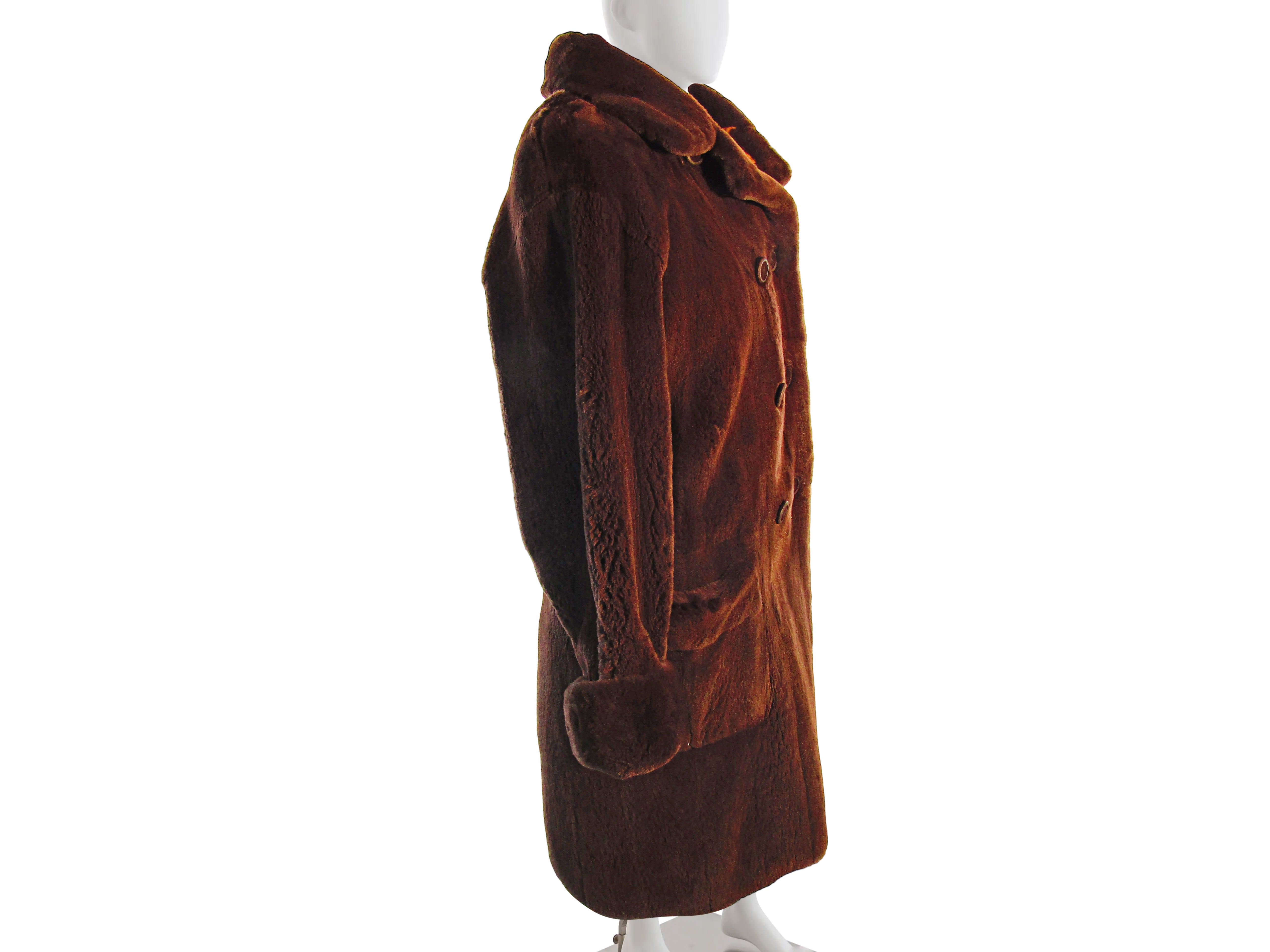 BROWN DYED PLUCKED MINK REVERSIBLE TO TAFFETA 3/4 COAT W/ LONG HAIR MINK TRIM