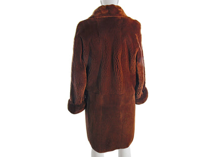 BROWN DYED PLUCKED MINK REVERSIBLE TO TAFFETA 3/4 COAT W/ LONG HAIR MINK TRIM