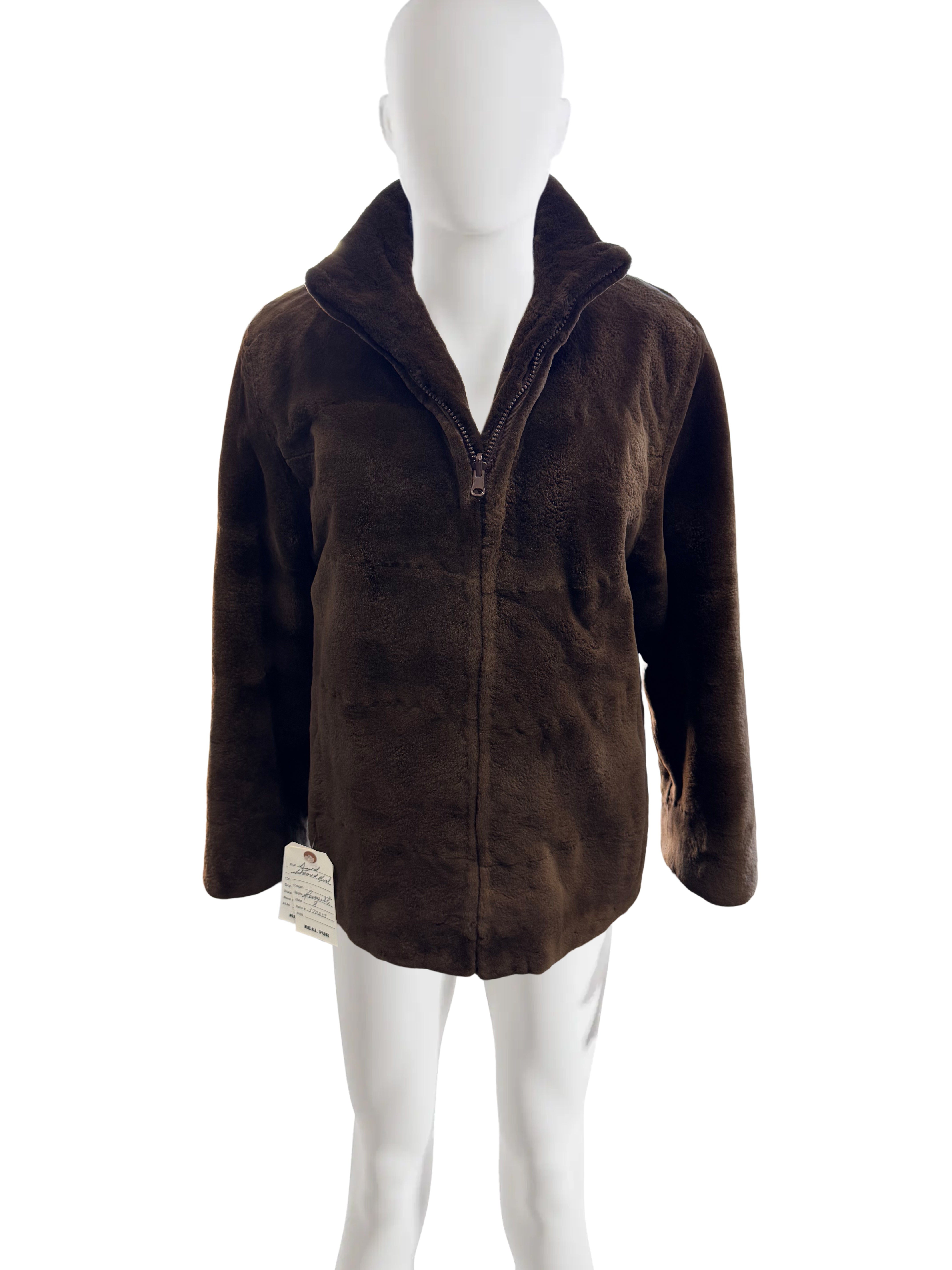 BROWN DYED SHEARED MINK REVERSIBLE JACKET TO TAFFETA