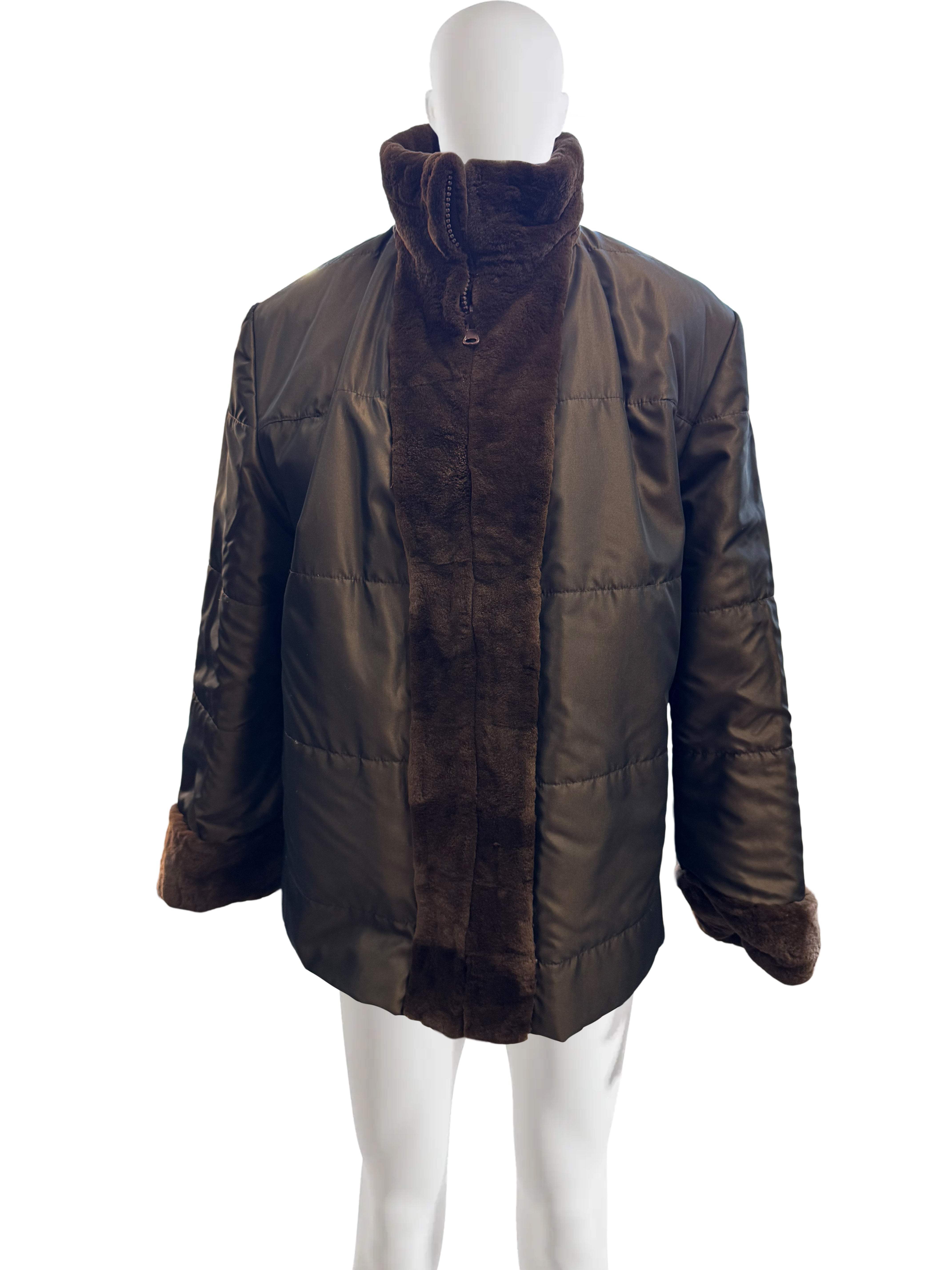 BROWN DYED SHEARED MINK REVERSIBLE JACKET TO TAFFETA