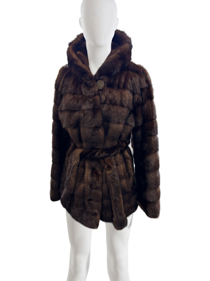 NATURAL MAHOGANY MINK HORIZONTAL HOODED JACKET W/ TIE BELT