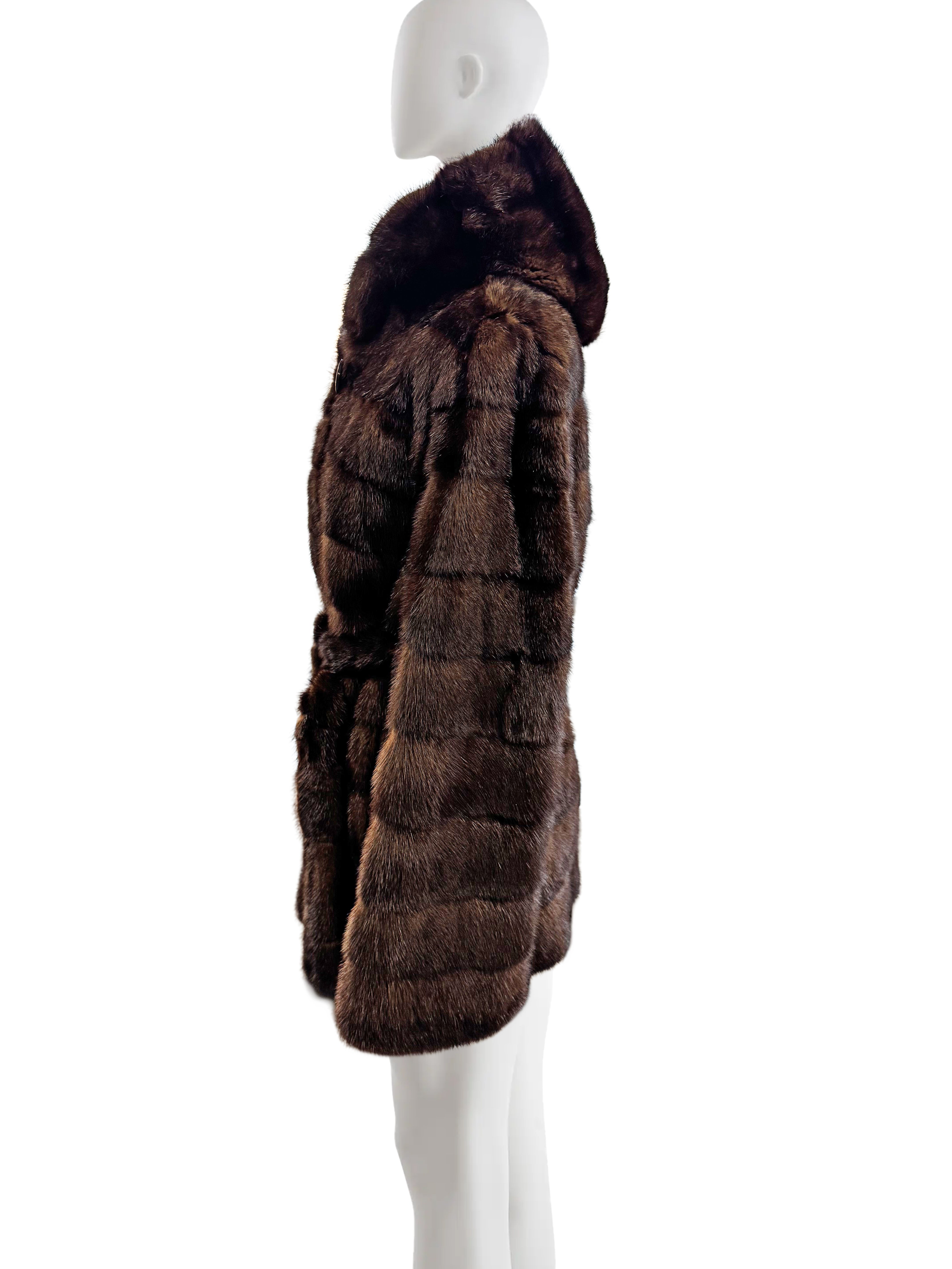 NATURAL MAHOGANY MINK HORIZONTAL HOODED JACKET W/ TIE BELT