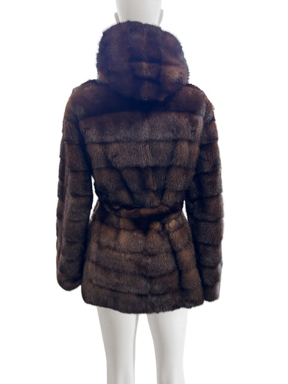 NATURAL MAHOGANY MINK HORIZONTAL HOODED JACKET W/ TIE BELT