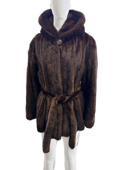 NATURAL MAHOGANY MINK HOODED JACKET W/ BELT