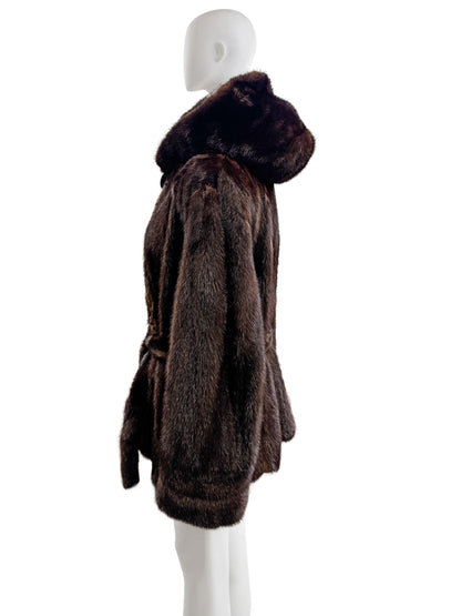 NATURAL MAHOGANY MINK HOODED JACKET W/ BELT