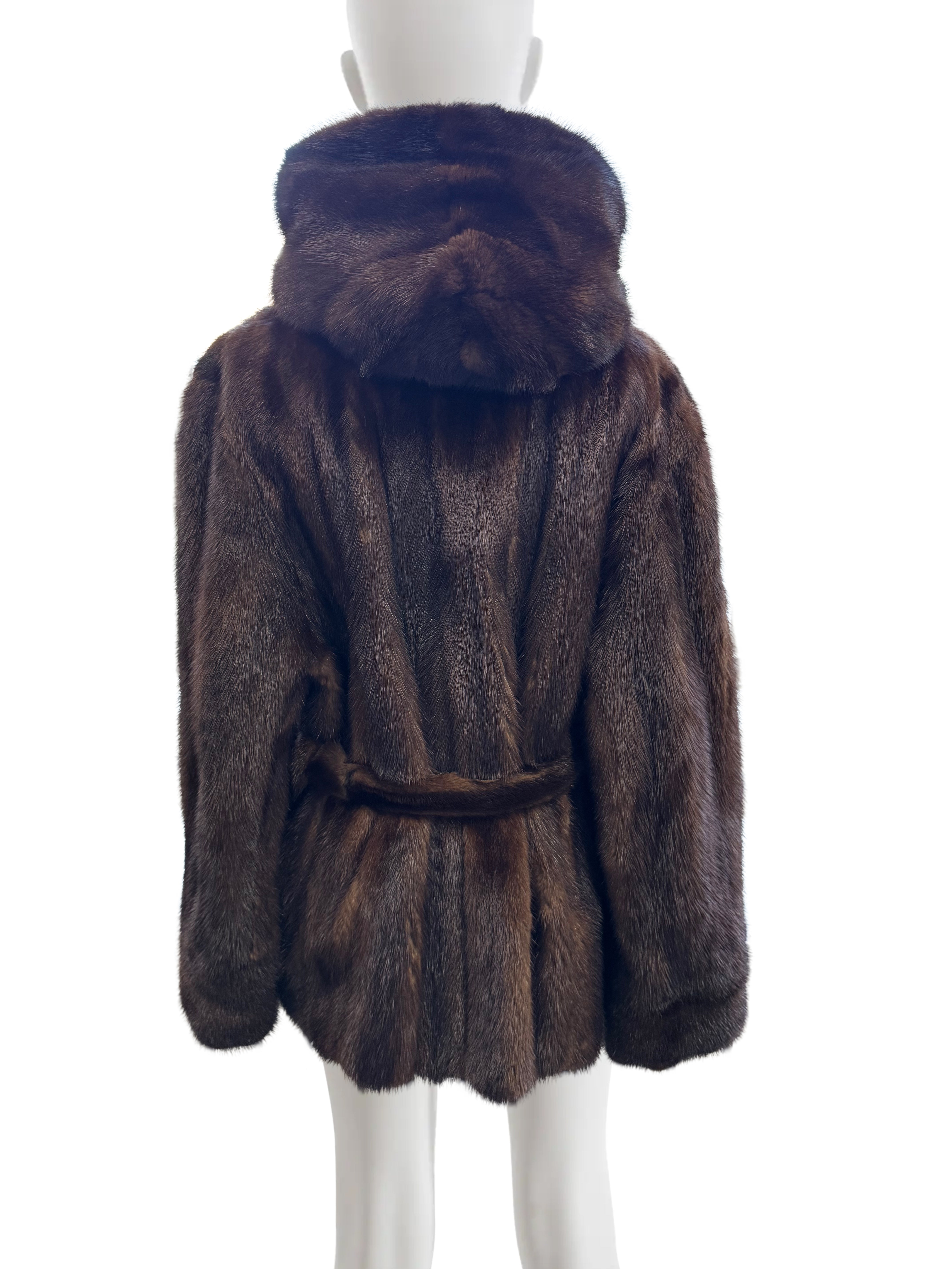 NATURAL MAHOGANY MINK HOODED JACKET W/ BELT