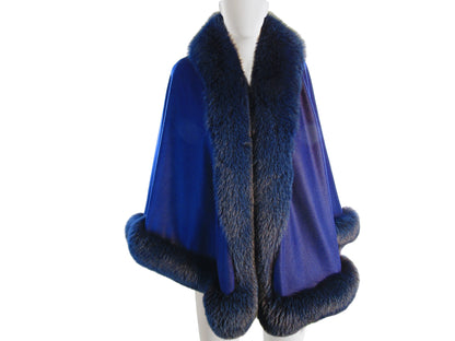 BLUE CASHMERE CAPE W/BLUE DYED FOX BORDER