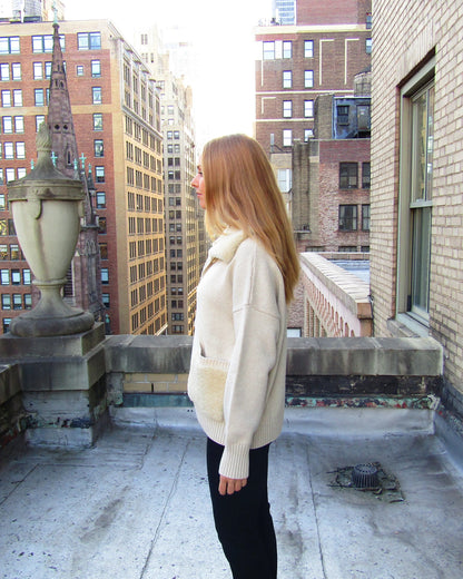 BEIGE WOOL BLEND CARDIGAN W/SHEARLING POCKETS AND COLLAR