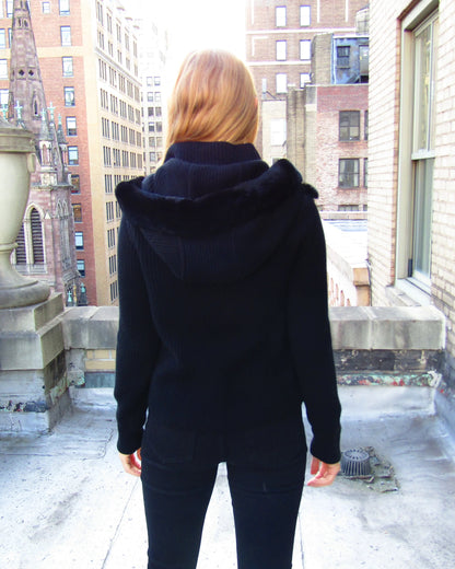 BLACK WOL BLEND HOODED CARDIGAN W/DYED BLACK REX FRONT