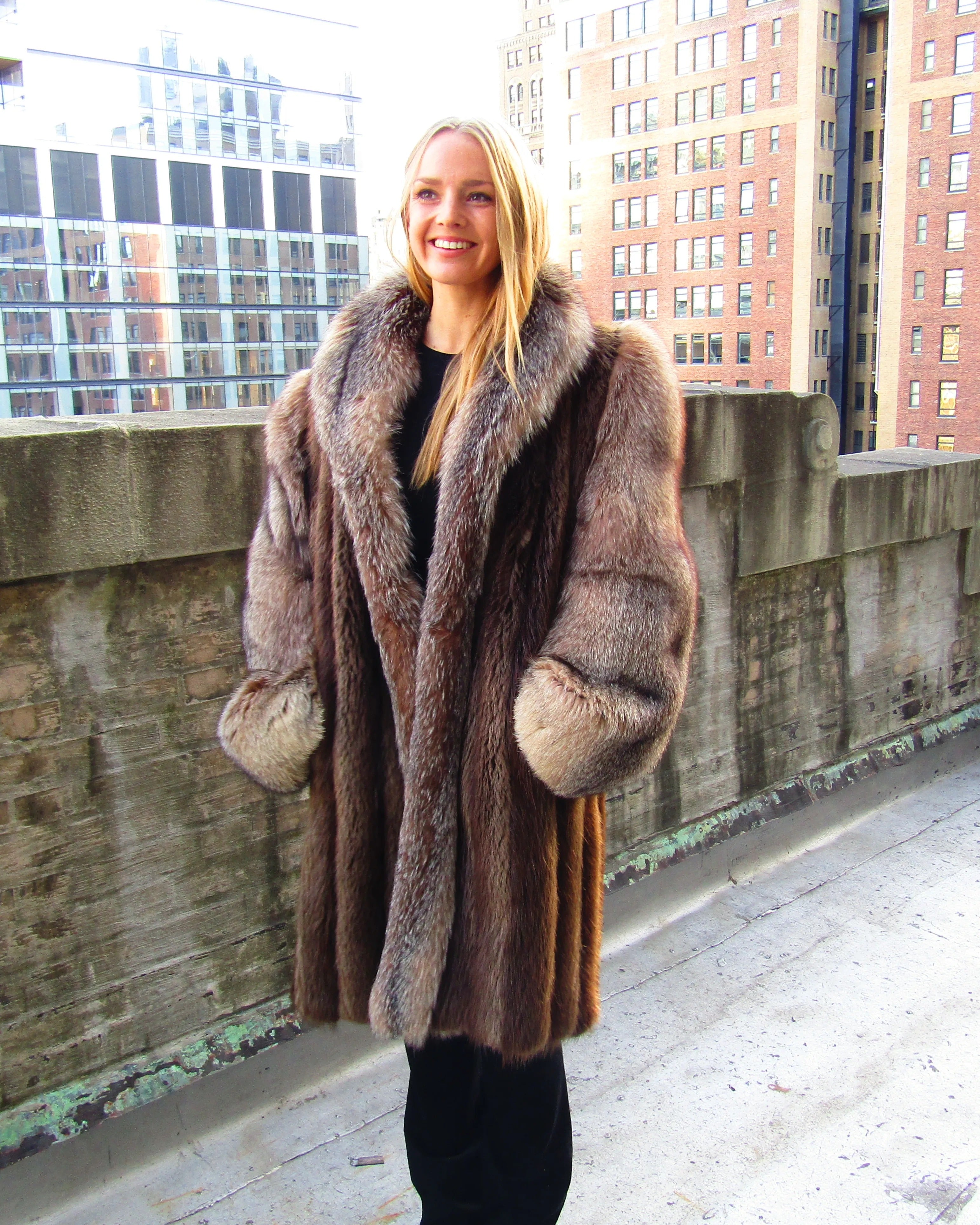 BEAVER COAT W/DYED CRYSTAL FOX SLEEVES & TUXEDO