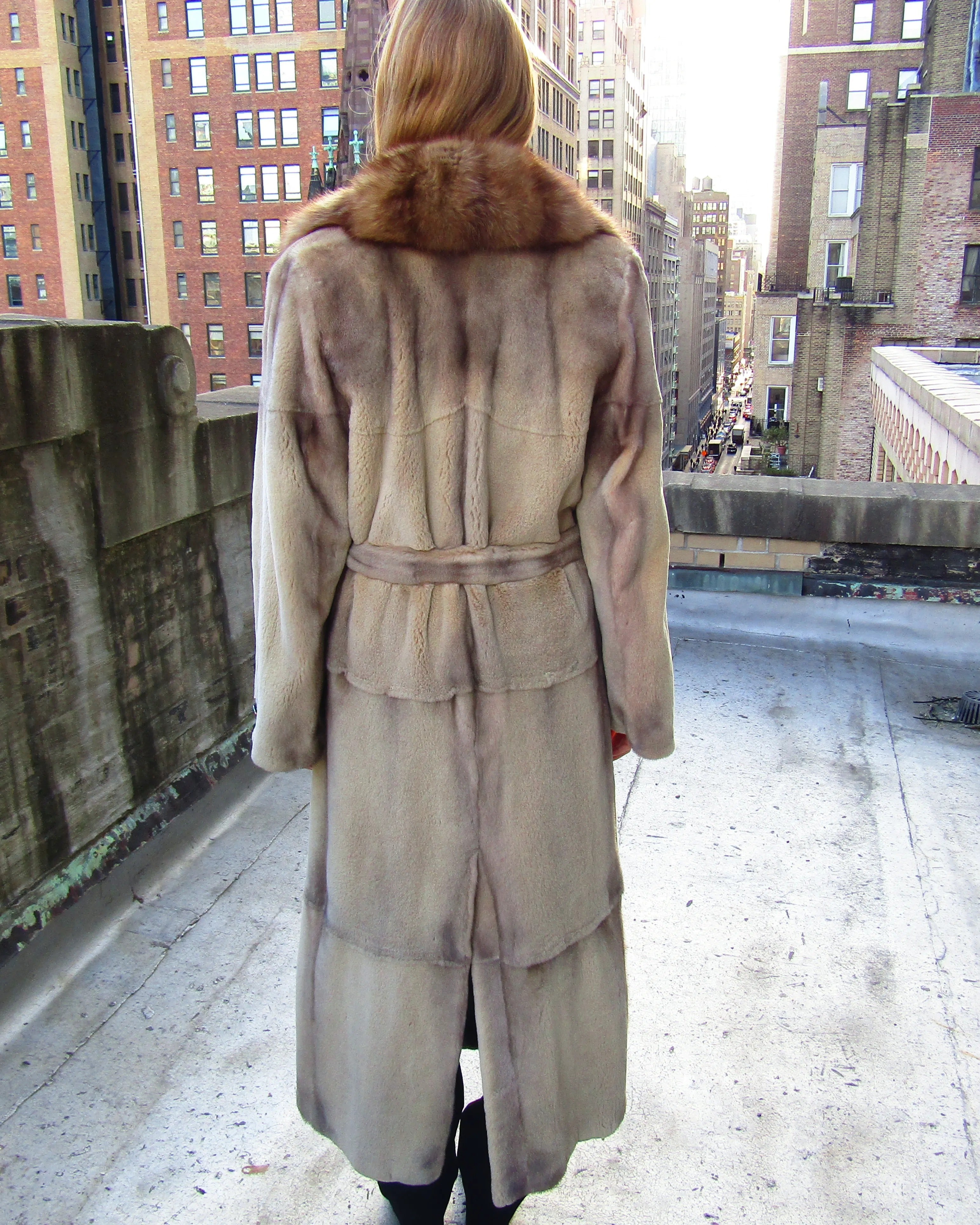 BEIGE SHEARED MIN K SKIN ON SKIN COAT W/SABLE COLLAR (BELT0