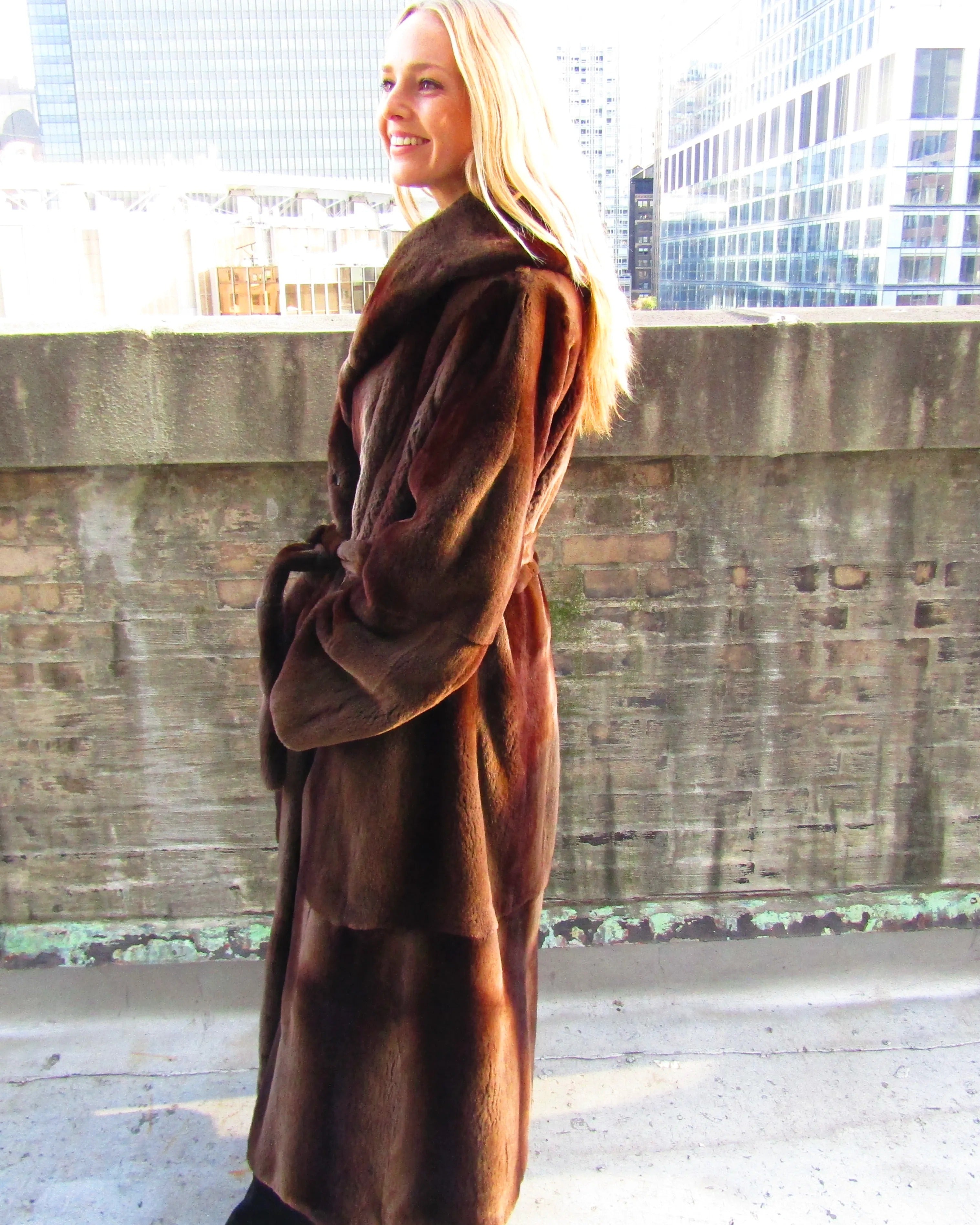 BROWN SHEARED MINK SKON ON SKIN COAT W/BELT