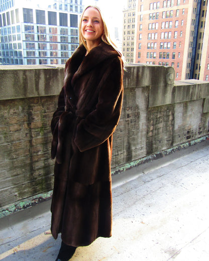 BROWN SHEARED MINK SKON ON SKIN COAT W/BELT