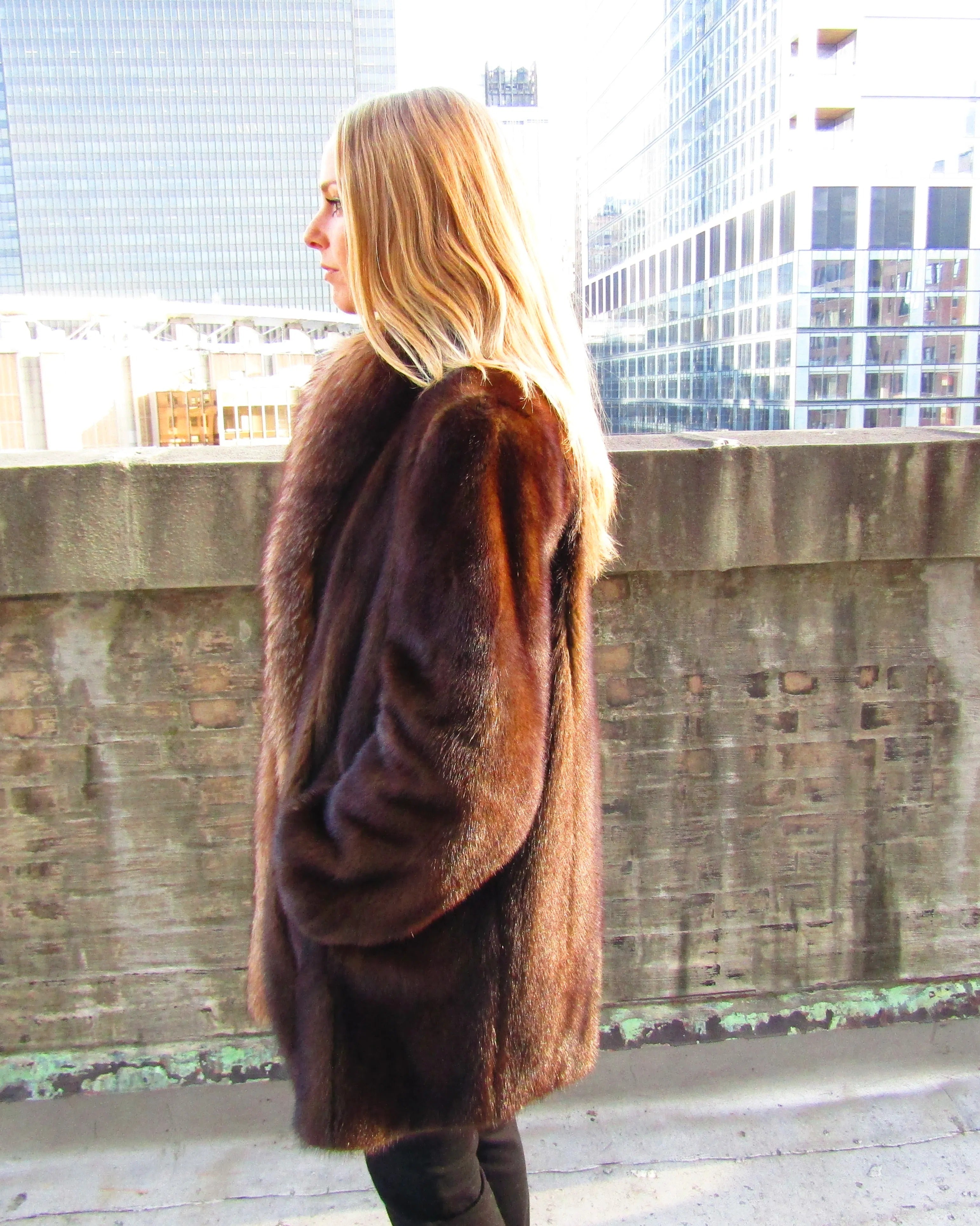 MAHOGANY MINK JACKET W/CRYSTAL FOX TUXEDO