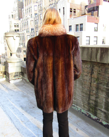 MAHOGANY MINK JACKET W/CRYSTAL FOX TUXEDO