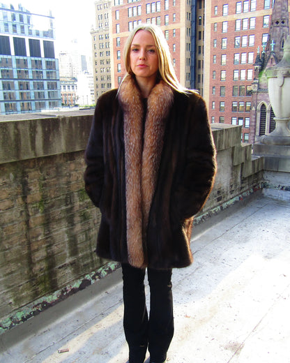 MAHOGANY MINK JACKET W/CRYSTAL FOX TUXEDO