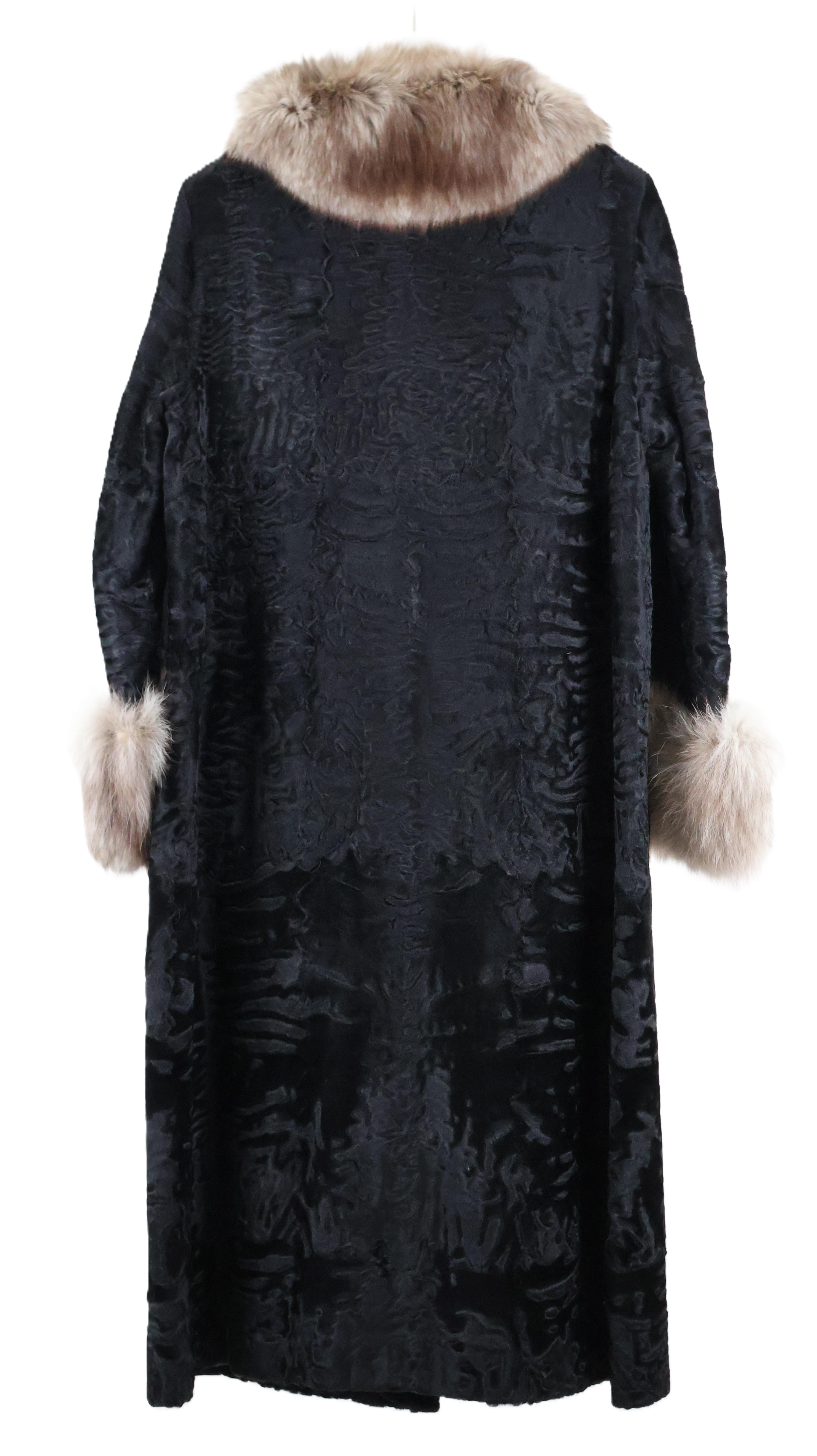 PRE-OWNED BLACK SWAKARA LAMB COAT W/ NATURAL BLUE FOX COLLAR & CUFFS