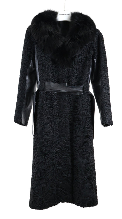 PRE-OWNED BLACK DYED SWAKARA LAMB COAT W/ LEATHER INSERTS & BLACK FOX NOTCH COLLAR & LEATHER BELT