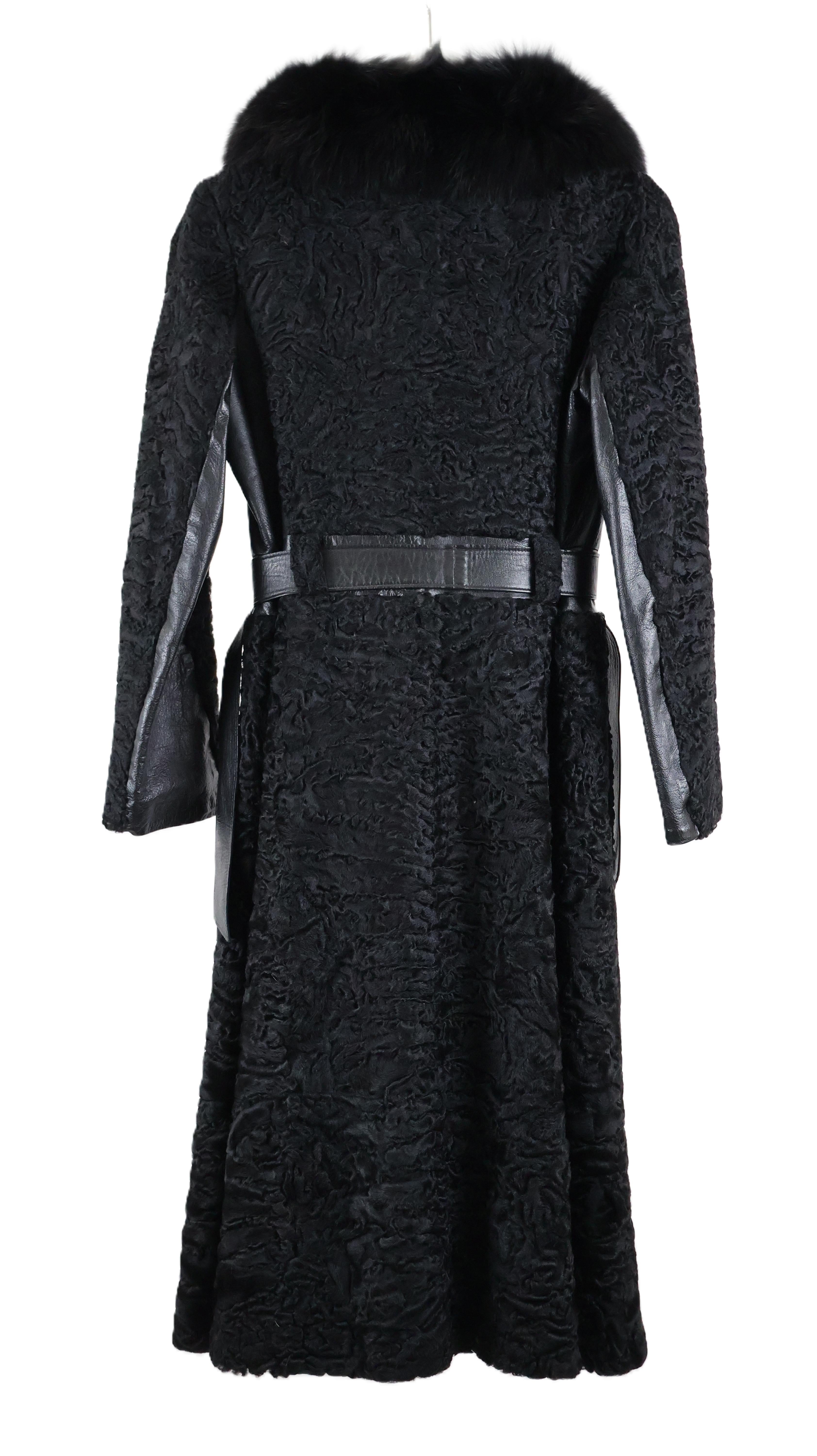 PRE-OWNED BLACK DYED SWAKARA LAMB COAT W/ LEATHER INSERTS & BLACK FOX NOTCH COLLAR & LEATHER BELT