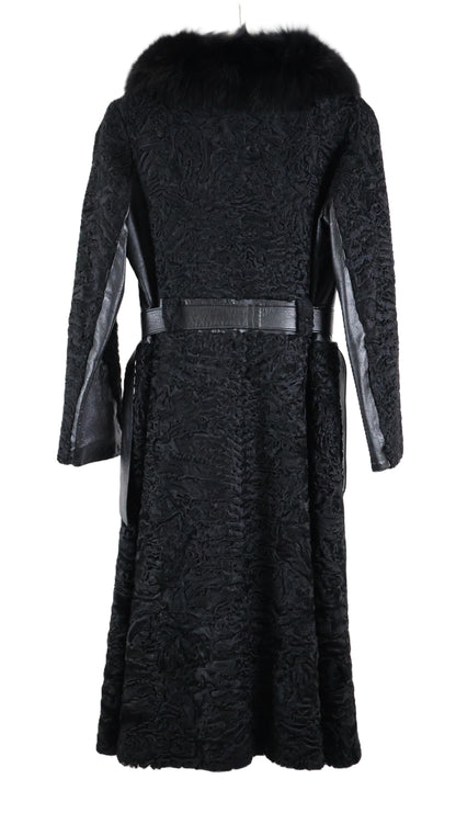 PRE-OWNED BLACK DYED SWAKARA LAMB COAT W/ LEATHER INSERTS & BLACK FOX NOTCH COLLAR & LEATHER BELT