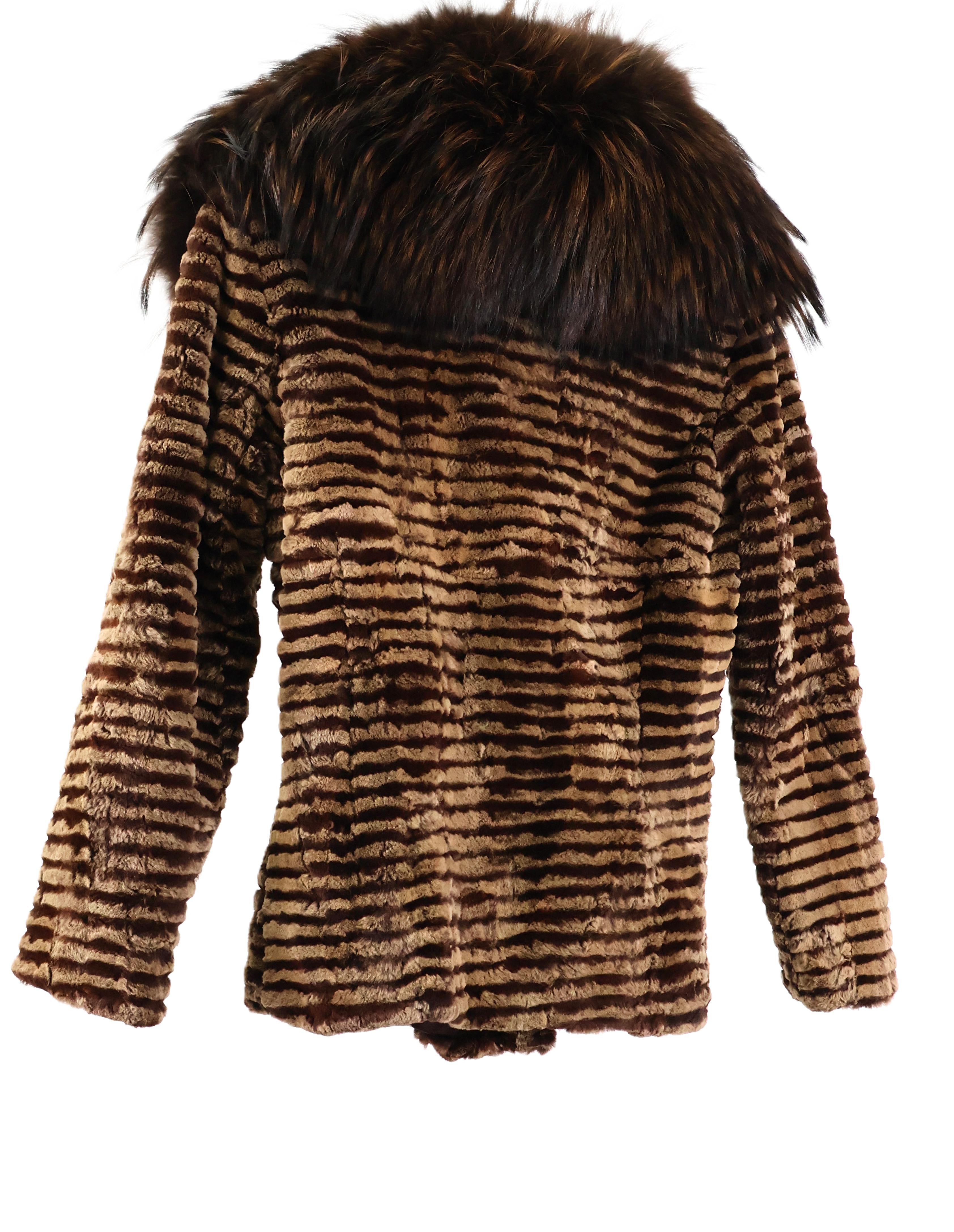 PRE-OWNED BROWN/TAN DYED HORIZONTAL GROOVED SHEARED MINK JACKET W/ DYED FINN RACCOON COLLAR