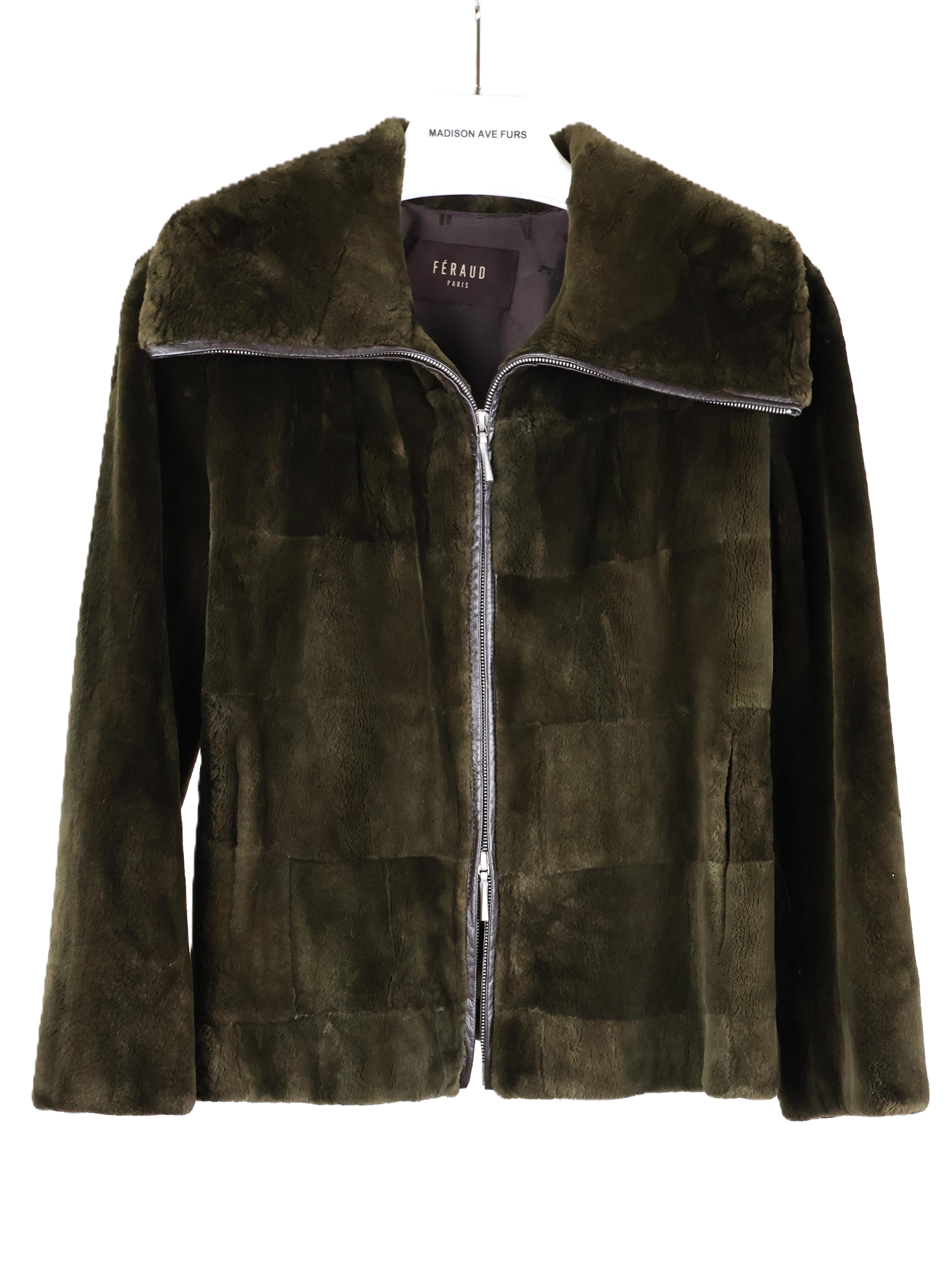 PRE-OWNED FERAUD MOSS DYED SHEARED MINK ZIPPERED JACKET W/ LEATHER TRIM & WING COLLAR