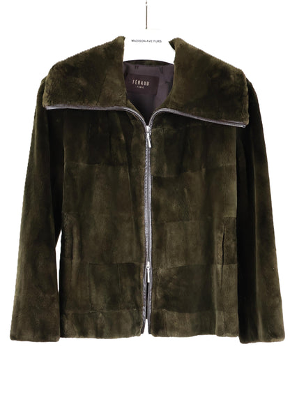 PRE-OWNED FERAUD MOSS DYED SHEARED MINK ZIPPERED JACKET W/ LEATHER TRIM & WING COLLAR