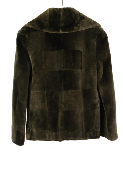 PRE-OWNED FERAUD MOSS DYED SHEARED MINK ZIPPERED JACKET W/ LEATHER TRIM & WING COLLAR