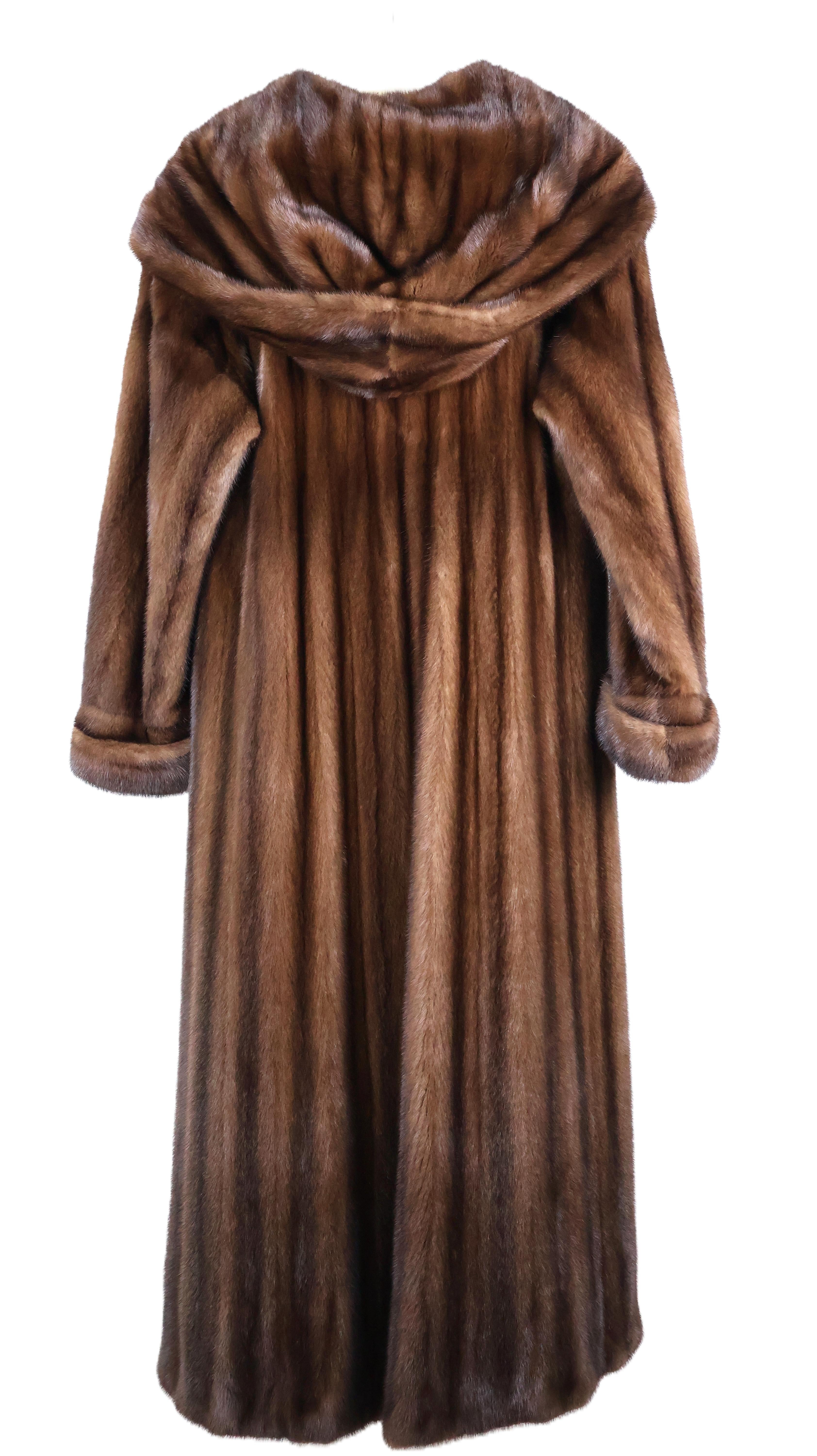 PRE-OWNED NATURAL DEMI BUFF FEMALE MINK REVERSIBLE HOODED MINK COAT W/ TURN BACK CUFFS