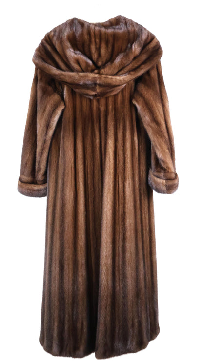 PRE-OWNED NATURAL DEMI BUFF FEMALE MINK REVERSIBLE HOODED MINK COAT W/ TURN BACK CUFFS