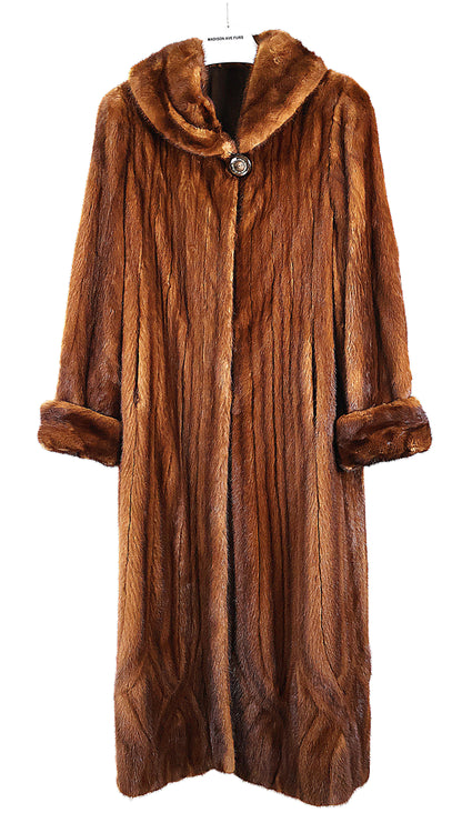 PRE-OWNED COGNAC DYED MINK  DIRECTIONAL COAT W/PORTRAIT COLLAR & TURN BACK CUFF & WRAP MINK BELT