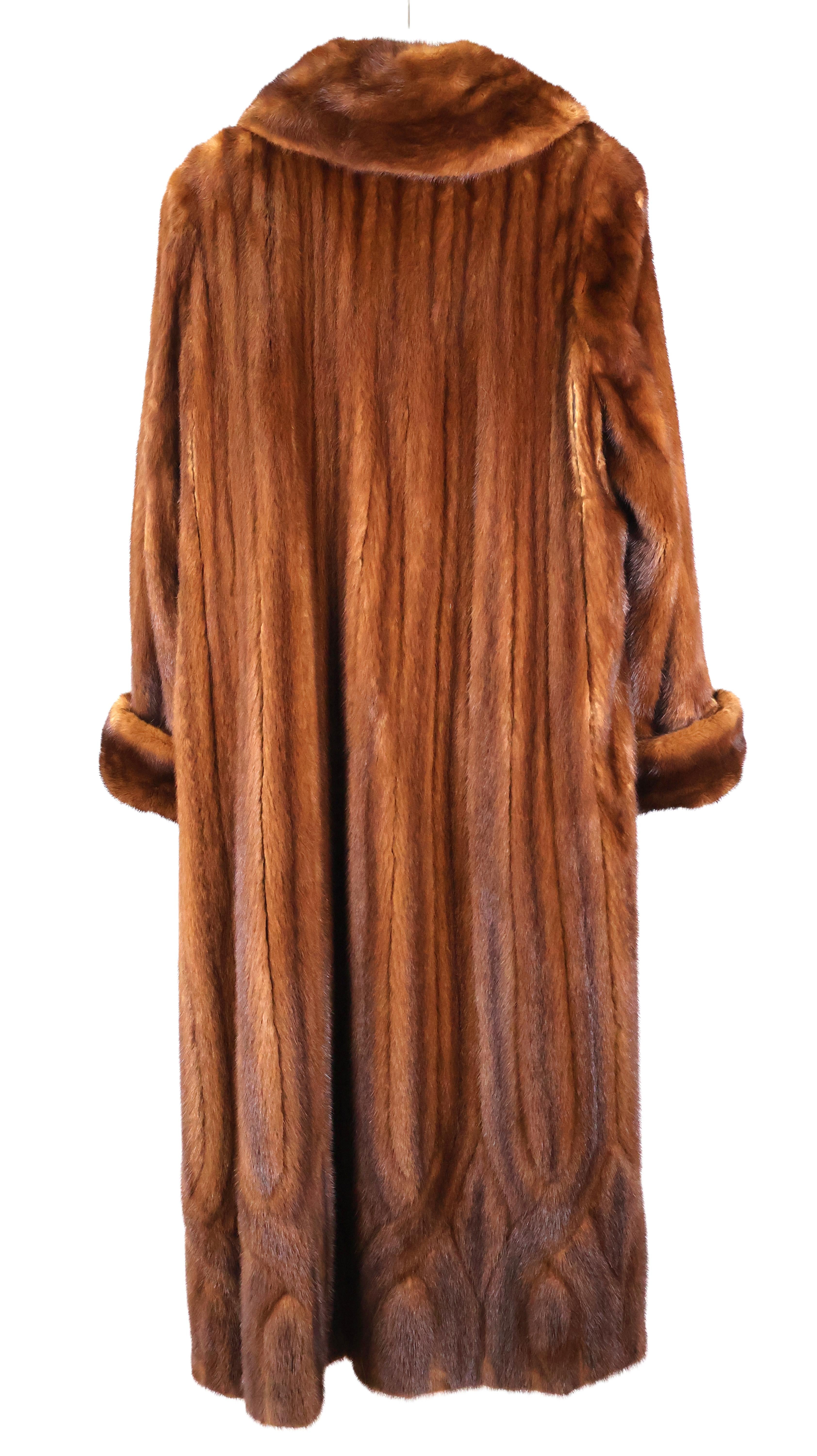PRE-OWNED COGNAC DYED MINK  DIRECTIONAL COAT W/PORTRAIT COLLAR & TURN BACK CUFF & WRAP MINK BELT
