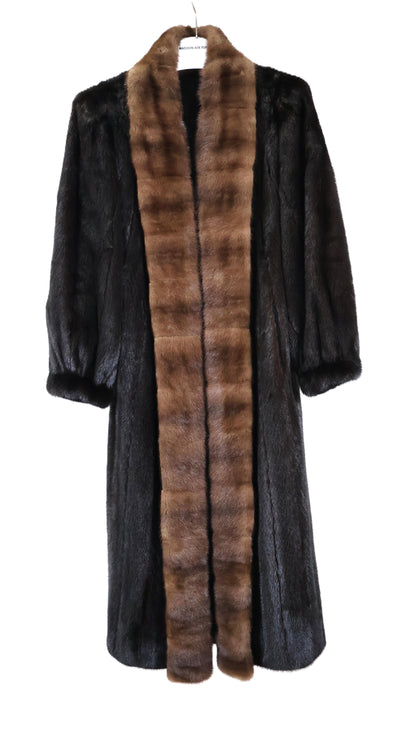 PRE-OWNED BLACK DYED MINK COAT W/ DEMI BUFF MINK CROSS CUT TUXEDO FRONT & BRACELET CUFFS