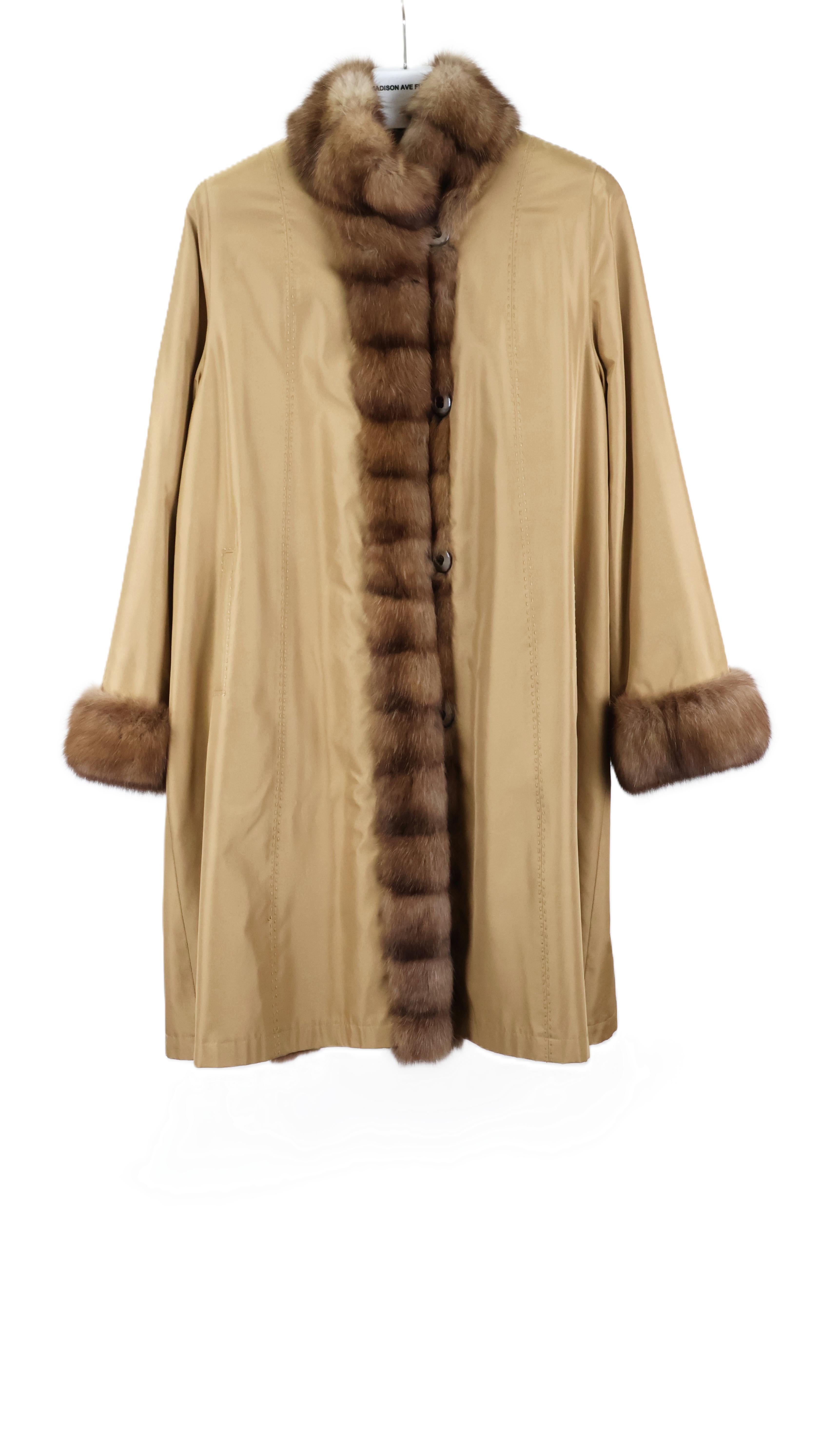 PRE-OWNED GOLDEN TAFFETA REVERSIBLE TO PLUCKED MINK STROLLER W/ CROSS CUT SABLE  TUXEDO FRONTS & CUFFS