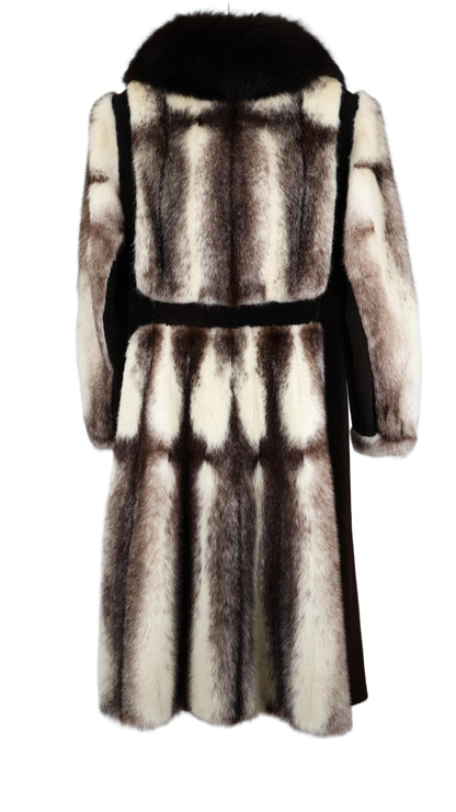 PRE-OWNED BROWN CROSS MINK W/ SUEDE PANELS & BELT W/ BROWN FOX NOTCH COLLAR & BAND CUFFS