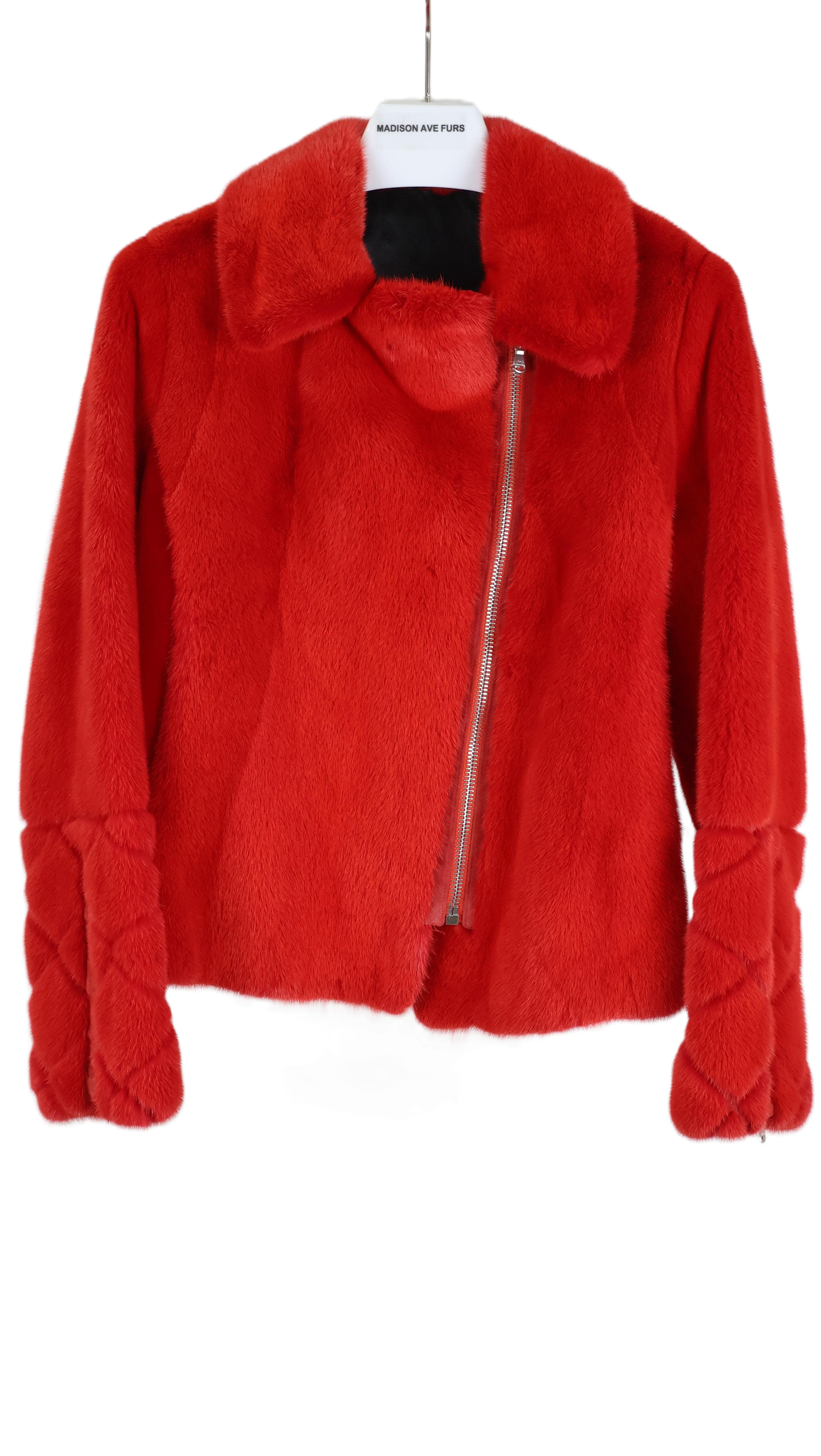 PRE-OWNED ZAC POSEN RED DYED MINK MOTORCYCLE JACKET W/ NOTCH COLLAR, DIAMOND DESIGN ON SLEEVES & SHEARED MINK SIDE PANELS