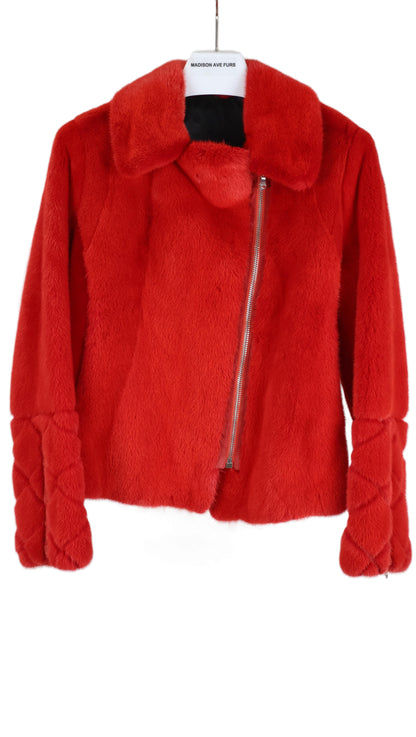 PRE-OWNED ZAC POSEN RED DYED MINK MOTORCYCLE JACKET W/ NOTCH COLLAR, DIAMOND DESIGN ON SLEEVES & SHEARED MINK SIDE PANELS