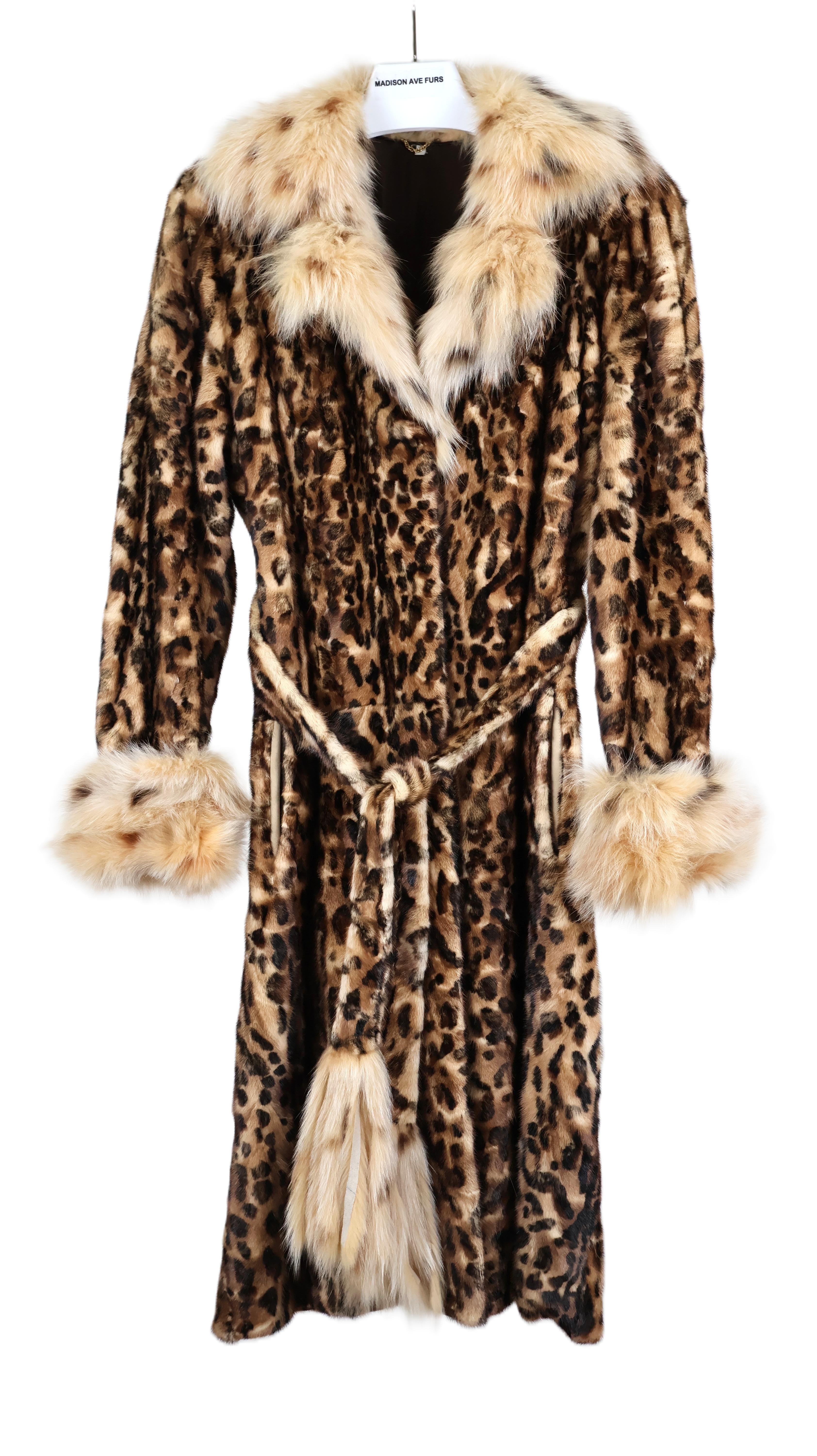 PRE-OWNED LEOPARD PRINT STENCILED MINK SECTION COAT W/SPOTTED FOX NOTCH COLLAR & TURN BACK CUFFS & WRAP BELT