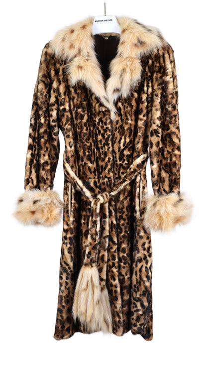 PRE-OWNED LEOPARD PRINT STENCILED MINK SECTION COAT W/SPOTTED FOX NOTCH COLLAR & TURN BACK CUFFS & WRAP BELT