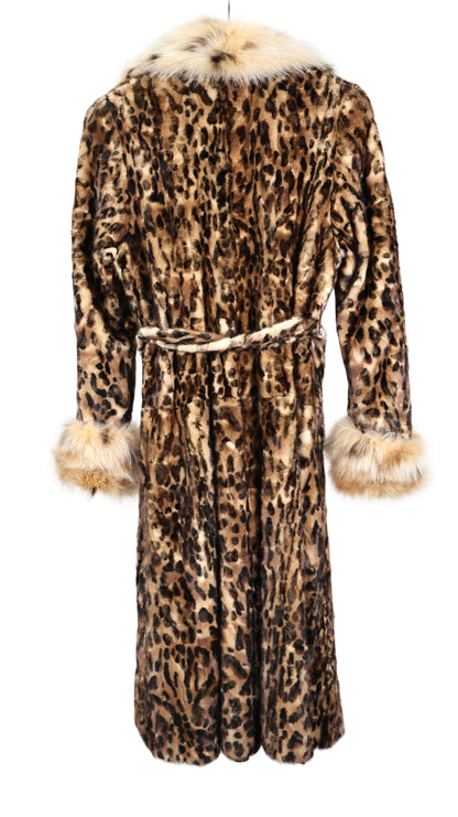 PRE-OWNED LEOPARD PRINT STENCILED MINK SECTION COAT W/SPOTTED FOX NOTCH COLLAR & TURN BACK CUFFS & WRAP BELT