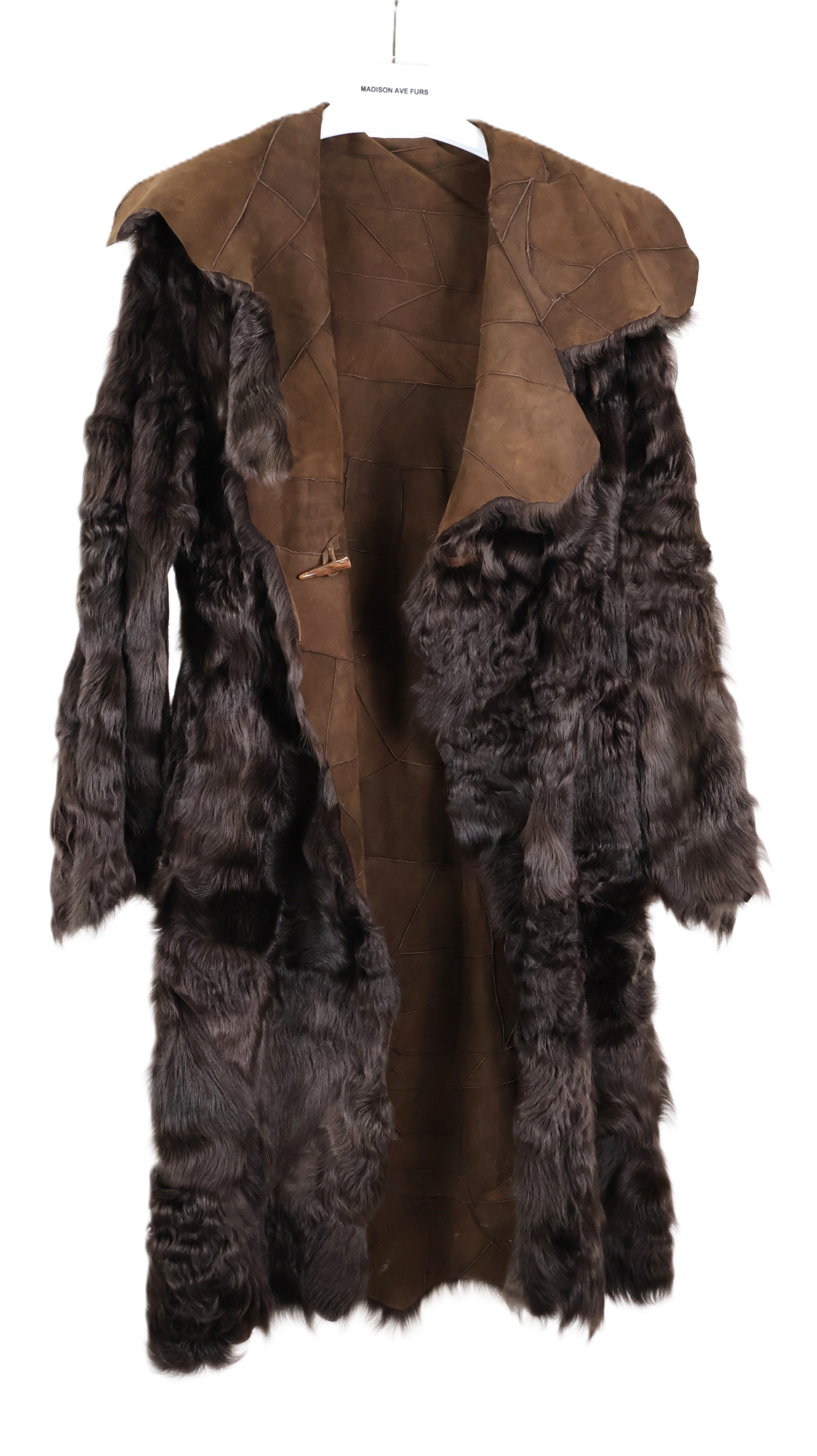 PRE-OWNED BROWN NAPA LAMB REVESIBLE 7/8. RAW EDGE SLEEVE & HEM W/ ASSYMETRICAL COLLAR