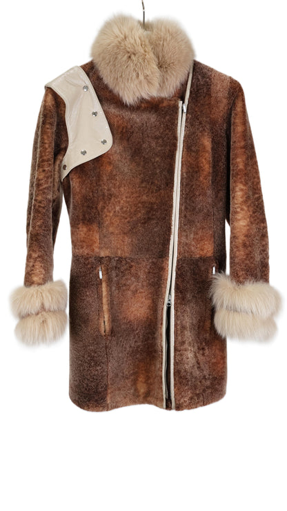PRE-OWNED RUST BLUSH SHEARLING LAMB JACKET W/ FOX COLLAR & CUFFS & LEATHER SHOULDER STRAP